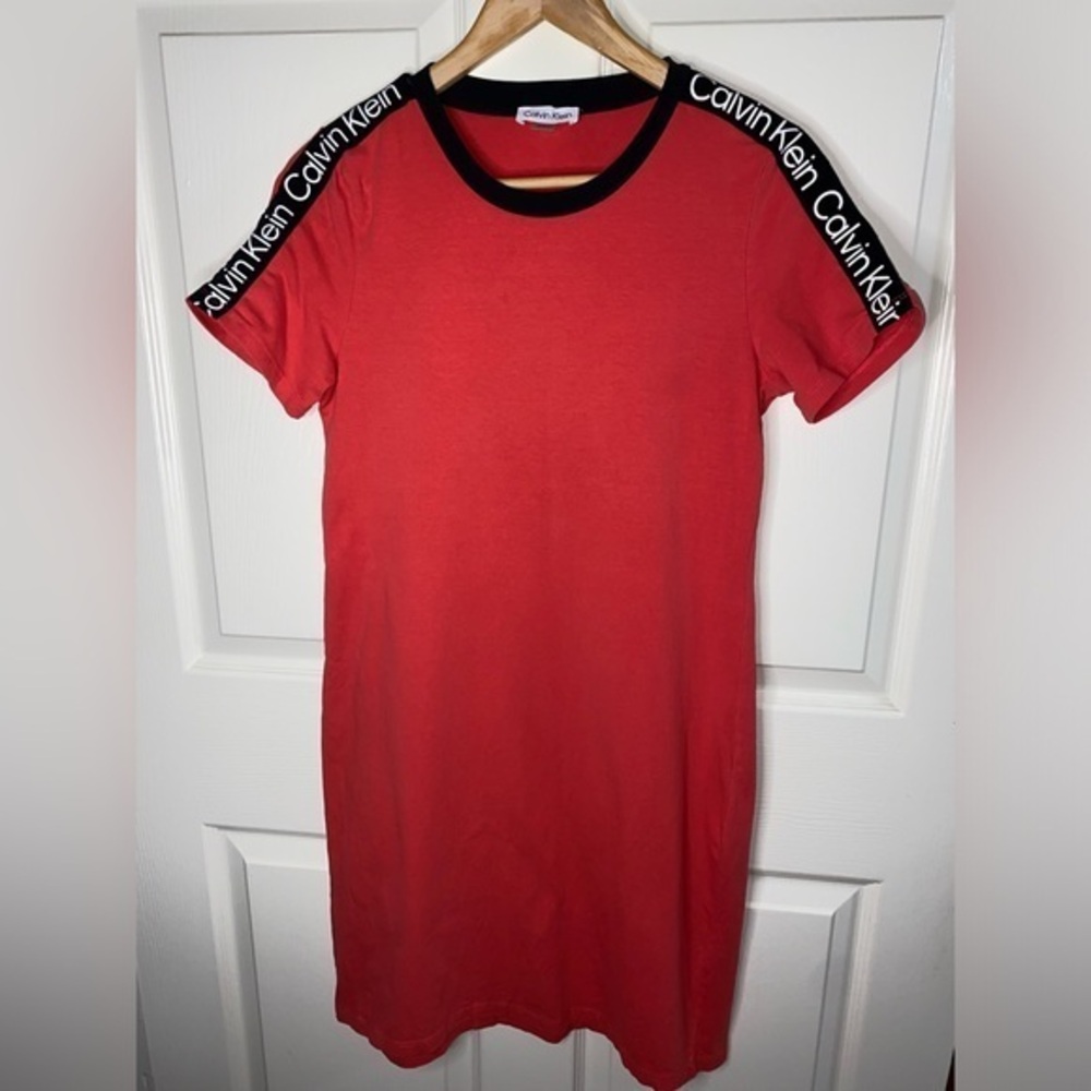 Calvin Klein Women's Short Sleeve Logo T-Shirt Dress, Red Hot, Everyday Casual